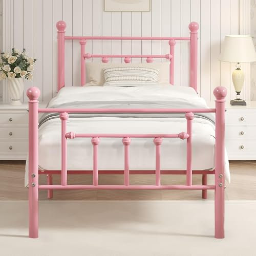 VECELO 3ft Single Bed Frame, Metal Platform with Victorian Style Headboard, Heavy Duty Steel Slat Support, No Box Spring Needed Mattress Foundation, Underbed Storage Space, Easy Assemble