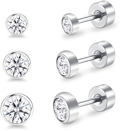 Artskin Orecchini da donna in titanio con retro piatto, ipoallergenici, in cristallo, orecchini in cartilagine in argento, 3 mm, 4 mm, 5 mm, argento, nero, oro, rosa