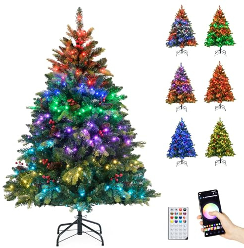 COSTWAY Albero di Natale Artificiale 150/180 cm, con 250/370 Luci RGB Multicolori Controllabili tramite APP, 584/1054 Rami in PE & PVC, 23/41 Pigne e 23/41 Bacche Rosse e Controllo Remoto (150 cm)
