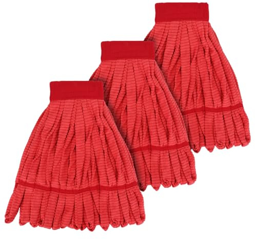 Heavy Duty Commercial Mop Head Replacement: 3 Packs 14oz Microfiber Tube Lint Free Industrial Heavy Duty Mop Head for Floor Cleaning - Super Absorbent & Bleach-Safe (Red)