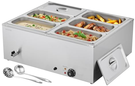 VEVOR Calentador de Alimentos 1500 W, de Acero Inoxidable, con Tapa, para 6 Sartenes, para Bufé de Encimera, Baño María con Cucharones para Sopa y Perforados, para Catering, 710 x 568 x 280 mm