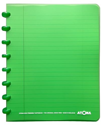 Atoma - Notizbuch A5 mit Ringen – 72 Blatt abnehmbar (144 Seiten) mit Rand – Deckel aus recycelbarem Polypropylen (grün – liniert (8 mm))
