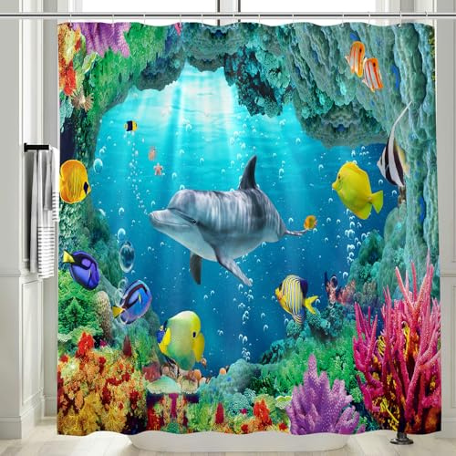 Vgzsyomqib Rideau Douche Anti Moisissure Dauphin Rideaux Baignoire 180x180 cm Tissu Polyester Imperméable Imprimé Océan Poisson Fond Marin Rideau de Douche Tissus Lavable Machine, Coloré