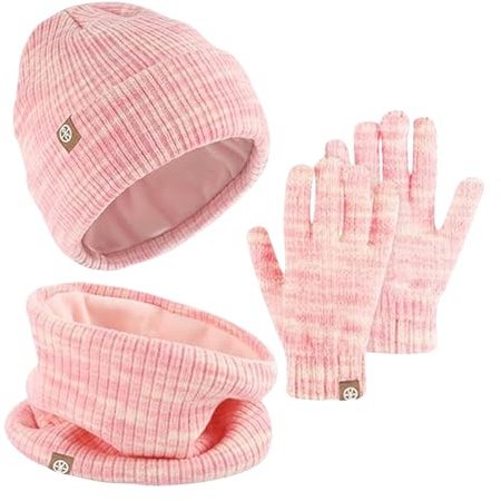AWAVM Kids Winter Hat Scarf Gloves Set 3 PCS Warm Thermal Knitted Beanie Cap Snood Neck Warmer Touchscreen Mitten Soft Fleece Lining Elastic for Children Aged 5-12 Outdoor Sports (Pink Mix)