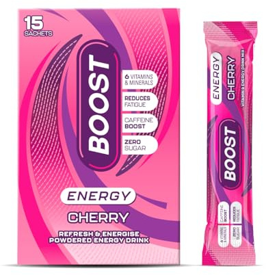 Boost Energy Powder Cherry, 15 Pack, 5g Sachets | Juicy cherry hydration powder mix formulated for fast electrolyte replenishment.