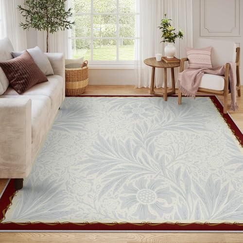 Waschbarer Teppich hellblaue blumige Low Profile Vorleger 120x180 mit Rutschfester Rückseite und doppelseitiger Bindung Vintage elfenbeinfarbene botanische für Wohnzimmer Schlafzimmer Esszimmer