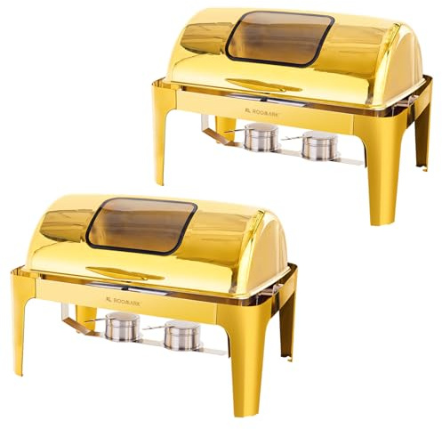 Roomark 2Pcs Chauffe-Plat Rectangulaire 9L, Buffet Chauffant avec Couvercle Rabattable Visible, Réchaud en INOX avec Bac Pleine Taille, pour Buffet Libre-Service Hôtel Traiteur Restauration, Doré