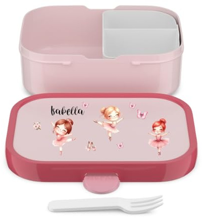 Mepal Lunchbox Campus personalisiert, Brotdose Ballerina Kinder mit Fächern, Brotzeitdose mit Name bunt bedruckt (pink)