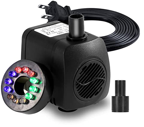 Lewisia 211 GPH Fountain Pump Submersible with LED Light Adjustable Water Flow for Garden Koi Pond Waterfall Aquatic Aquarium Fish Tank Statuary Pool Bird Bath