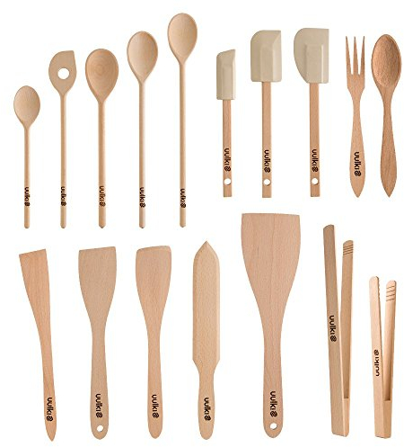 UULKI | Set di utensili da cucina in legno per cucinare | Cucchiai ecologici, giratutto, spatole da forno, pinze per barbecue, insalatiere in legno di faggio europeo (17 pezzi)