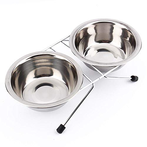 Set Double Gamelles en Acier Inoxydable Antidérapant pour Animaux de Compagnie Chien Chat Lapin sur Support en Fer - Diamètre 13cm