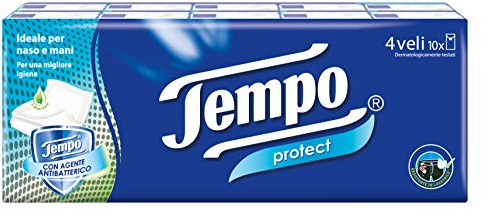 Tempo Fazzoletti Protect con antibatterico - 4 Veli - 12 confezioni da 10 Pacchetti (120 pacchetti totali)