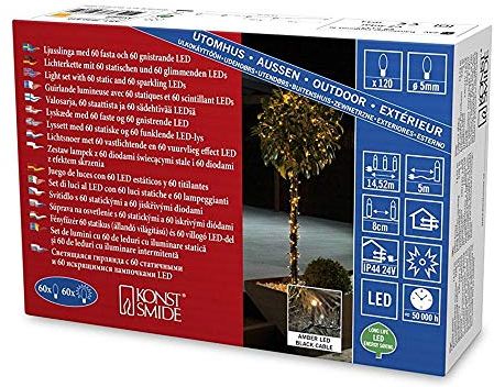 Konstsmide LED Lichterkette, mit Glimmereffekt, 120 bernsteinfarbene Dioden (60 glimmend), 24V Außentrafo, schwarzes Kabel - 3640-810