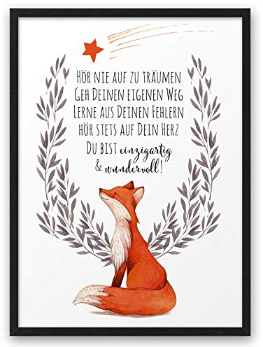 FUCHS HÖR NIE AUF TRÄUMEN | ABOUKI Kunstdruck | Bilder Kinderzimmer Deko Poster Kinderzimmer Bilder Jungen Mädchen Wandbilder Babyzimmer Kinder Kinderbilder Tierbilder | DIN A4 ohne Rahmen