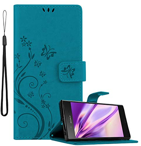 Cadorabo Hülle kompatibel mit Sony Xperia XZ1 Blumen Design aus Premium Kunst Leder Flip Klappbare Stoßfeste Magnetische [Standfunktion] [Kartenfächern] Cover Hülle für Sony Xperia XZ1 Tasche in Blau