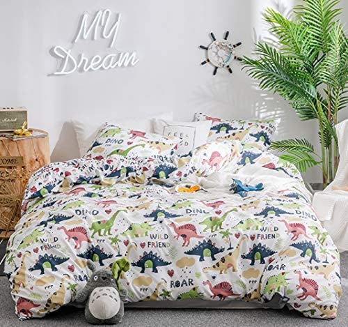 GETIYA 【Neueste】 Kinder Dinosaurier Bettwäsche 100x135 2 Teilig Dino Muster Bettwäsche Weiß Mädchen Jungen Cartoon Bettwäsche Weiche Microfaser Bettwäsche Bunter Dino Zweiseitig Design Bettbezug