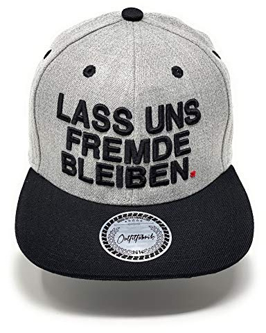 Outfitfabrik ❤️ Snapback Cap Lass Uns Fremde bleiben in grau/schwarz mit 3D-Stick in schwarz (Lifestyle, Provokation, Statement), One Size, verstellbar an der Rückseite