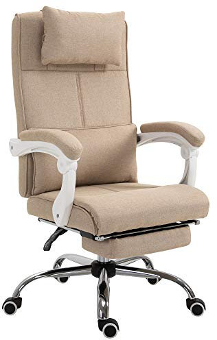 HOMCOM Fauteuil de Bureau Chaise de Bureau Ergonomique avec Repose-Pieds Rétractable, Dossier inclinable, tétière et Soutien des Lombaires, Réglable en Hauteur, en Tissu Beige
