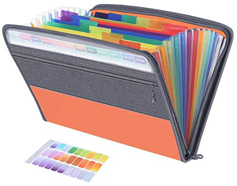 Borse di File,13 Tasche Sacchetto Zip,Cartella Portadocumenti A4,Porta Documenti Espandibile,Faldoni Archivio Fisarmonica,Plastica,in tela,Bordo Fibra,Perfetto per Ufficio Scuola Viaggio (arancione)