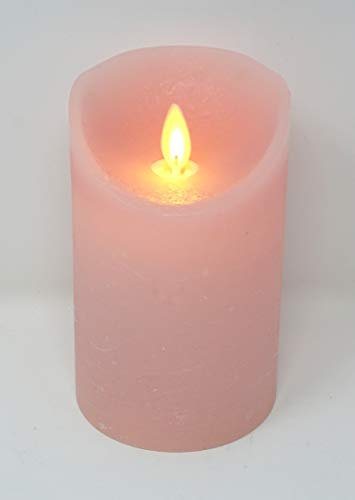 CBK-MS flammenlose LED echtwachs Stumpenkerze 12,5 cm rosa mit Timer + Einschaltautomatic mit realer Flammenwirkung