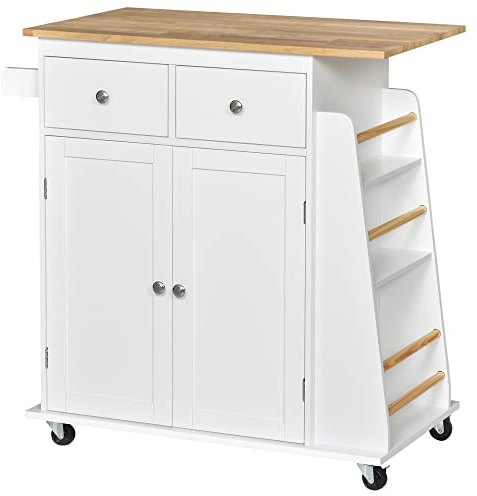 HOMCOM Desserte de Cuisine ilôt Cuisine avec Plan de Travail étagère Range-Bouteilles Porte-torchons 2 tiroirs Placard 2 Portes MDF Blanc hévéa
