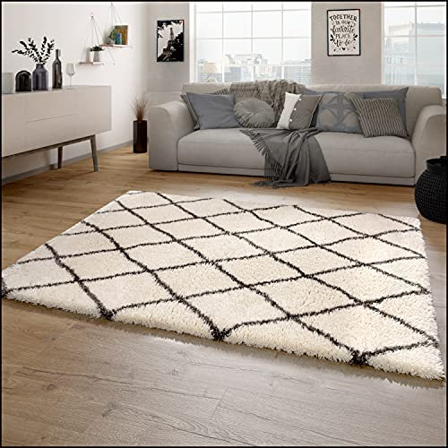 Paco Home Hochflor Teppich Wohnzimmer Shaggy Langflor Skandinavisches Rauten Muster Modern, Grösse:200x290 cm, Farbe:Creme 2