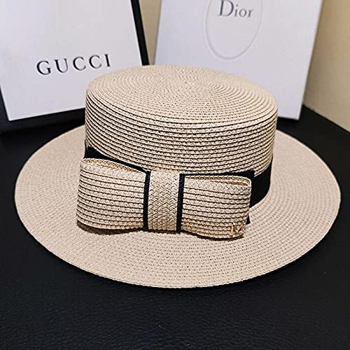 Sombreros De Paja Gorra De Mujer Lazo Mujer Sombreros para El Sol Paja Panamá Elegante Sombrero De Playa De ala Ancha Mujer Gorra para El Sol-Beige