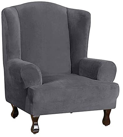 Samt Ohrensessel Überzug Bezug, Elastische Stretch Sesselbezug Abwaschbar Sesselhusse Husse Für Ohrensessel Möbelschutz für Wohnzimmer (Grau)