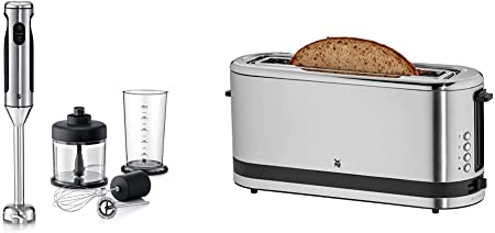 WMF Lineo Edelstab Stabmixer 4 in 1: Pürierstab, Schneebesen, 700 Watt, inkl. Mixbehälter (1l), cromargan matt/silber & Küchenminis Toaster Langschlitz mit Brötchenaufsatz, 2 Scheiben, XXL, 900W