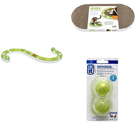 Catit Spielschiene, Play Circuit + ovaler Scratcher, Kratzbrett aus Pappe, interaktives Spielzeug für Katzen+ Design Senses beleuchteter Ball für Senses Spielschienen