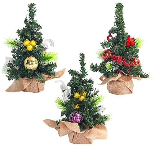Belle Vous Künstlicher Kleiner Geschmückter Weihnachtsbaum (3 STK) - 21 cm Kleiner Christbaum - Mini Tannenbaum mit Sackleinensockel für den Innenbereich & Tisch/Schreibtisch Feiertagsdekoration
