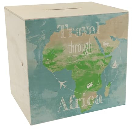 Spardose aus Holz mit Afrika Karte und Spruch - travel Through Afrika als Geschenk für Urlauber die durch Afrika Reisen wollen und Geld für den Flug und die Unterkunft brauchen