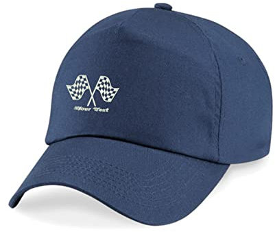 Personalised Embroidered Your Text Racing Checkered Flag Baseball Cap Moto Flags Unisex Baseball Hat (Navy)