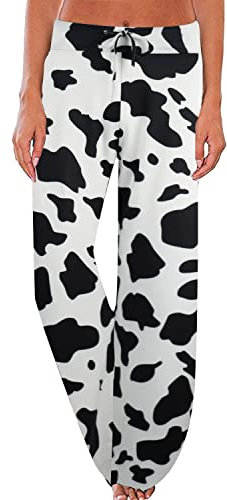 NEWCOSPLAY Bequeme Pyjamahose für Damen, lässig, Kordelzug, Palazzo Lounge, weites Bein, Kuh, Groß