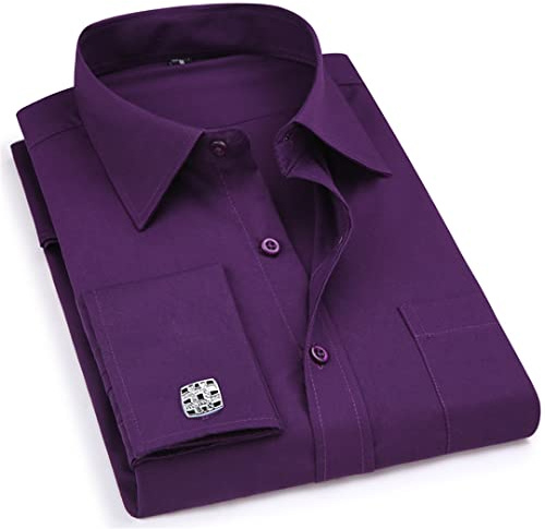 Rayé pour Homme Boutons de manchette French Casual Dress Shirts Manches Longues Col Blanc Design Mariage Smoking Shirt FS07 Violet Asiatique Taille L
