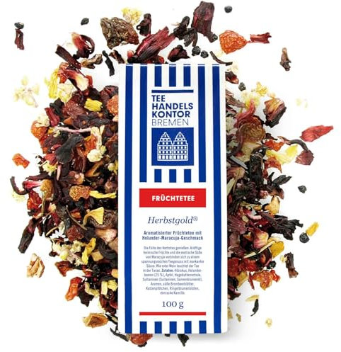 Herbstgold Tee lose | Aromatisierter, loser Früchtetee mit Holunder-Maracuja-Geschmack 100 g | Kräftige heimische Früchte und die exotische Süße von Maracuja | TEE HANDELSKONTOR BREMEN