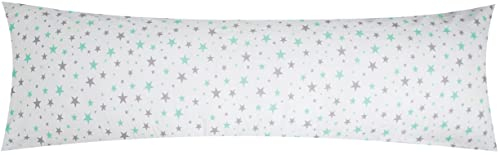 Baumwoll Renforcé Seitenschläferkissen Bezug 40x145cm - Sterne in Grau, Weiß und Grün - 100% Baumwolle Stillkissenbezug (KY-640/1)