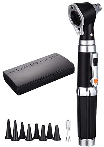 JOFLVA Otoskop, Otoskop Mit Licht, Otoskop Set, Mit Hartplastik Fall, Mit 3-Facher Vergrößerung Und 4 Speculum Tips Größe, 8 Ohrstöpseln Für Erwachsene Und Kinder Und Haustiere.(Schwarz)