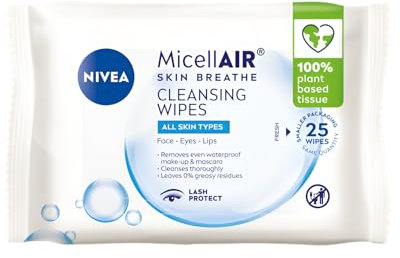 NIVEA Micellar Water Cleansing Wipes Extremely Gentle for Face and Eyes Skin Hydrating Natural Origin Biodegradable Travel Convenient, Pack of 25