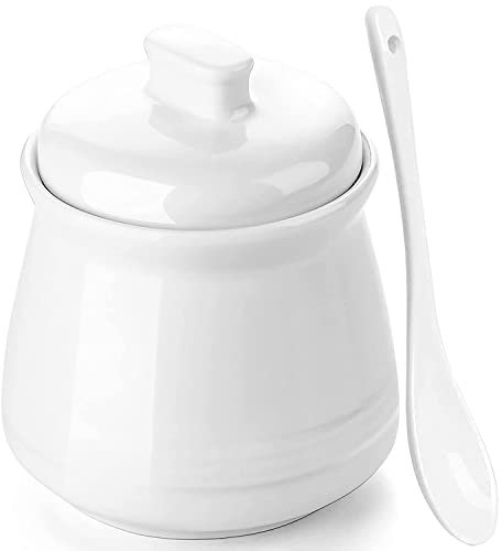 hiwafifi Ceramic Sugar Bowl with Lid and Spoon, 12oz Farmhouse Sugar Jar, Porcelain Sugar Container for Coffee Bar, Kitchen Countertop, Sugar Pot for Salt Creamer, Dishwasher Safe, White
