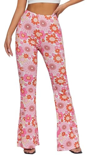EVELUST Damen 70er Jahre Schlaghose - Hippie Bunte Blumen High Waist Hose Disco Kostüm Abba Outfit Fasching Karneval Festival Rave Pants Flower Power Kleidung Leggings(Pink, M, 10501w)
