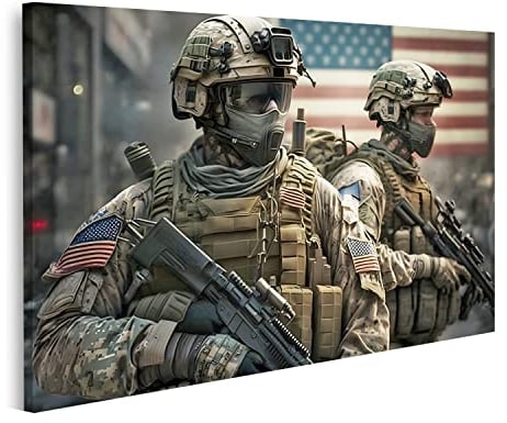 islandburner Bild auf Leinwand Us Army Soldaten Waffe Vereinigte Staaten Flagge Zwei Us Army Soldaten tragen Wa Bilder Wandbilder Poster IVCE-1P