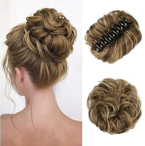 Sofeiyan Chignon Postiche Cheveux Pince à griffes Bouclés Ondulés Cheveux Chignons pinces à Griffes Synthétique Extensions de Cheveux Naturels à Clips Chignon pour Femmes Blond et Brun Moyen