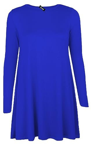 Womens Plain Long Sleeve Stretch A Line Skater Flared Swing Dress Top Plus Size T-Shirt 8-26 (20, Royal Blue)