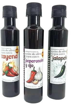 Villaolivo – Pack Amantes del Picante | 3x250ml Aceites de Oliva Virgen Extra Aromatizados con Cayena Jalapeño y Ajo-Chile | Intensos Sabores Gourmet | Ideal para Cocina Picante y Regalo Original