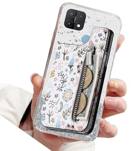 Rnrieyta Miagon Glitzer Blume Hülle für Realme C21,Reißverschluss PU Leder Brieftasche Silikon Transparent Handyhülle mit Magnetisch Autohalterung Kartenhalter