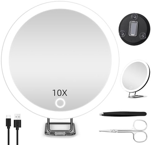 Jadazror Miroir grossissant x10 avec lumières, grand miroir de maquillage x10 portable, support 360° et ventouse