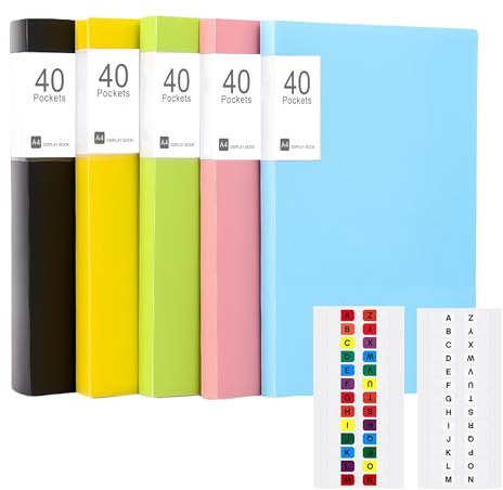 A4 Display Folders, 5 Pack 40 Pockets Display Book with 8 Alphabet Label, Presentation Document Project Folder with Plastic Sleeves for Business Personal School Offices (5Pack×40pocket)