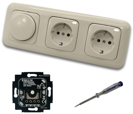 Busch Jäger 6523U-102 LED Drehdimmer Dimmer + Dimmerscheibe 2115-212 und 2 x Steckdose 20EUC-212 in DURO2000 cremeweiß glänzend inklusive EBROM Phasenprüfer zur Montage der Geräte 6523 U – 102