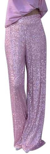 OBEEII Glitzer Hose Damen Pailettenhose Weites Bein Hose Elastische Taille Lose Fit Glitzerhosen Elegant Frauen Freizeithose Party Festival Club Mode Hosen Rosa M